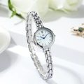 Minimalist silver steel bracelet watch with white dial and blue hands for women - Silver Band White Dial