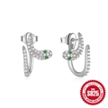 S925 sterling silver snake stud earrings with white crystals and green stone eyes - White Gold