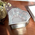 Detail view of heart-shaped glass jewelry box with silver metal frame and chain link - 8*8.5*3.5cm / Transparent Glass Bottom Silver Plated Frame