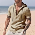 Men's khaki short sleeve linen hooded beach shirt with buttons in a sunny coastal setting - Khaki