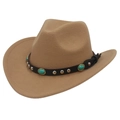 Khaki wool felt western cowboy hat with turquoise and silver rivet leather band - M(56-58cm) / Camel
