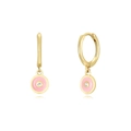 S925 silver gold-plated hoop earrings with pink enamel charm and sparkling zircon stone - LN0978-5 Pink Enamel Round Disc Pendant Hoop