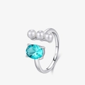 S925 silver open ring with three white pearls and an oval blue crystal accent - Adjustable Open / Blue Oval Gemstone Pearl Style (RHR1613)