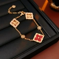 18k gold plated bracelet with red enamel and white zircon clover charms on leather - Gold Chain Red Flower Style