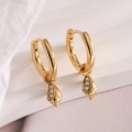 Detail of 18K gold plated hoop earrings featuring zircon-studded conch shell pendants - Gold Shell Style (45456)