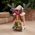30cm wooden Christmas glowing cabin ornament with artificial pine and plaid bow - Wooden Oil Lamp Style A (with Electronic Candle)