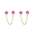 Pink zircon flower chain earrings for double piercings with gold finish and link chain - Rose Red Zircon/Double Hole