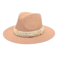 Detailed close-up of pink straw fedora hat featuring elegant pearl decorative band trim - M (56-58cm) / Light Pink