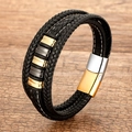 Bracciale multistrato in pelle intrecciata nera con chiusura magnetica su fondo in legno - Cuoio Nero Chiusura Oro Nero