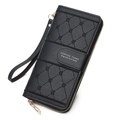 Detail of black leather long wallet with diamond quilted pattern and wrist strap closure - Black