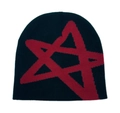 Close-up of the knitted texture and bold red star pattern on this winter beanie - One Size / Black with Red Star