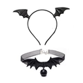 Halloween bat wing headband and mesh choker set with a small bell in glossy black finish - Bat + Choker (Black)