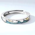 Anillo ajustable de plata S925 con ondas de esmalte azul y detalles de gaviota - Juramento Montaña Mar - Mujer