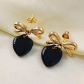 Elegant 18K gold-plated stainless steel earrings with black heart and bow pendants - Black