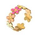 Detail of 18k gold plated ring featuring colorful enamel flower design and open band - Adjustable Open / Style 10 (Abundant Flower Cluster)