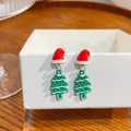 Festive Christmas tree earrings with red Santa hat charms and green enamel finish - E5741-6 Hat Tree