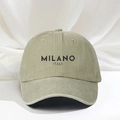 Detail of MILANO ITALY print on washed olive cotton baseball cap with vintage texture - One Size / Light Khaki
