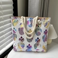 Canvas tote bag with colorful pineapple print and rustic hemp rope handles for women - Rainbow Pineapple