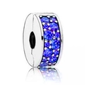 Silver bead charm with sparkling blue cubic zirconia stones for bracelets - 027-Stopper (Silver Full Pave Blue Stone)