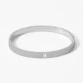 Silver stainless steel oval bangle with vertical texture and square white inlay detail - Vertical Stripe Square Inlay Style (PD1267) / Silver