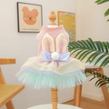 Pink rabbit-ear knit dog dress with colorful tulle tutu skirt on a mini mannequin stand - S / Colorful Rabbit Mesh Dress