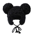 Detailaufnahme der Plüsch Mickey-Ohren-Mütze mit weichem Webpelz und Quasten-Bindeband - 56-58cm / Schwarz