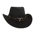 Klassischer schwarzer Woll-Cowboyhut mit Ethno-Webband und silbernem Stierschädel-Emblem - Schwarz