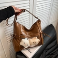 Brown leather tote bag with transparent front pocket and star plush dolls - Single Bag / Brown