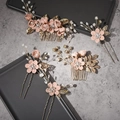 Pink floral hair accessories set with gold metal base, pearls and rhinestones on black tray - Set 5 (5pcs) / Pink