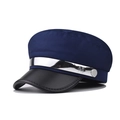 Detail of navy cotton baker boy cap with black leather visor and silver M logo chain - M (56-58cm) / Navy Blue