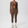 Ensemble de yoga 3 pièces marron café avec veste zippée, brassière et legging taille haute - S / Marron châtaigne