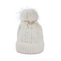 Detail view of white cable knit beanie texture with a fluffy white faux fur pompom top - M (56-58cm) / White