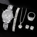 Elegant silver watch and jewelry set featuring a diamond-studded watch and four accessories - Three-Eye Full Diamond 5-Piece Set / Silver