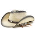Western style hand-woven straw cowboy hat with evil eye ornament and adjustable chin strap - M (56-58cm) / Beige Black Gradient