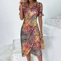 V-neck puff sleeve dress featuring colorful geometric pixel prints and side slit - Orange Red
