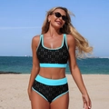 Black polka dot bikini set with turquoise contrast trim and high-waisted bottoms on beach - Blue/Black