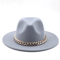Detail of grey wool felt fedora featuring a stylish gold chain band decoration - Light Gray
