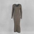 Detail of V-neck long sleeve knitted dress featuring vertical rib texture in coffee brown - S / Brown