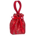 Red square brocade wedding favor bag with gold floral patterns and ribbon bow handle - Style 1 (No Charm)