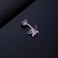 Close-up of double purple zircon butterfly belly ring on black reflective surface - Purple Zircon Butterfly Silver