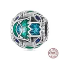 Sterling silver Hamsa Hand charm bead with blue enamel and marquise zircon accents - Hamsa Hand-Blue Green Enamel (BSC565)