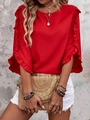 Red chiffon blouse for women featuring stylish tiered ruffle sleeves and a classic crew neck - S / Red