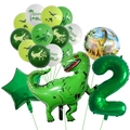 Detailed dinosaur party balloon set featuring green foil number 2 and ROAR printed latex balloons - Number 2