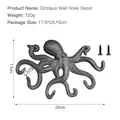 Vintage iron octopus wall hook sculpture in rustic metal finish with mounting screws - Brown Rust