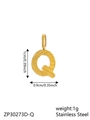 Polished gold stainless steel letter Q pendant charm with detailed size measurements - Letter-Q / Gold