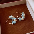 Detailed close-up of C-shaped earrings with light blue stones and pearls on brown velvet - Silver Earring Post-White-Tassel(4#)