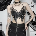 Top halter gótico negro bordado con mariposa, detalles de malla y cremallera de metal - Talla única / Top Halter de Malla de Mariposa (JY23138AH)