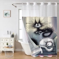 Künstlerischer doppellagiger Duschvorhang mit Katzenillustration und Metallösen - SYL-1 (Cartoon Schwarz-Weiße Katzen) / 181x188cm (Doppellagig/Hakenloser Ring)