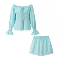 French style light blue linen blend set with heart buttons and delicate white lace trim - S / Light Blue
