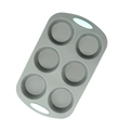 Gray 6-cup silicone cake mold with light blue handles for heat-resistant baking - 6-Cup Muffin Pan